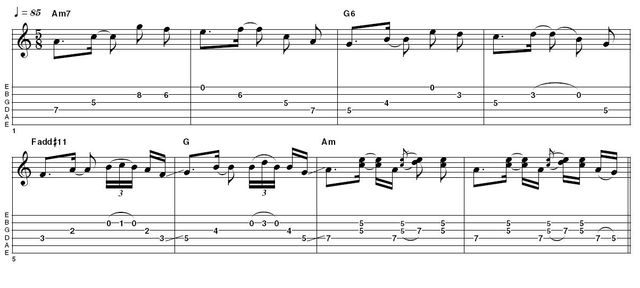 Ex1:  5/8 time signature - The first example here is inspired by Sting's uses of odd time signatures on Ten Summoner's Tales. It emphasises the flavour of 5/8; once you've got used to the feel see what you can come up with on your own.